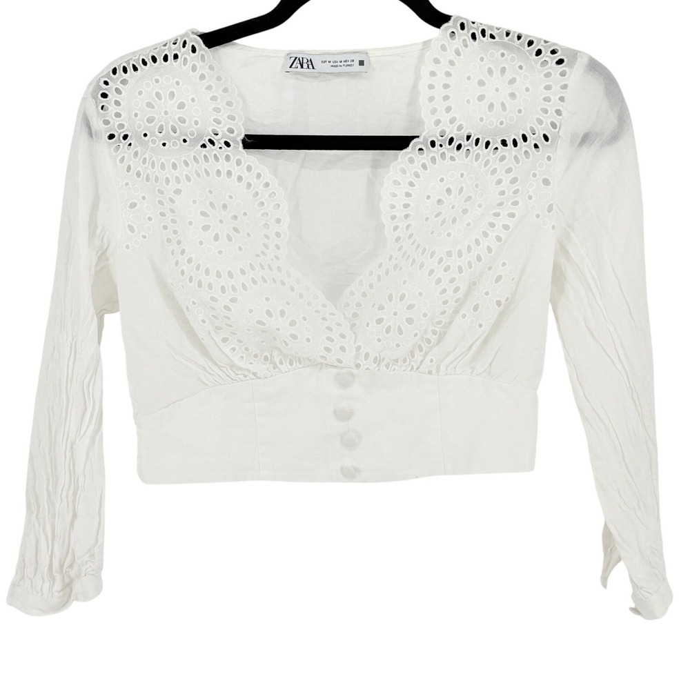 Zara White Lace Cropped Pirate Dirndl Top Y2K Sheer Coquette Deep V-Neck Size M